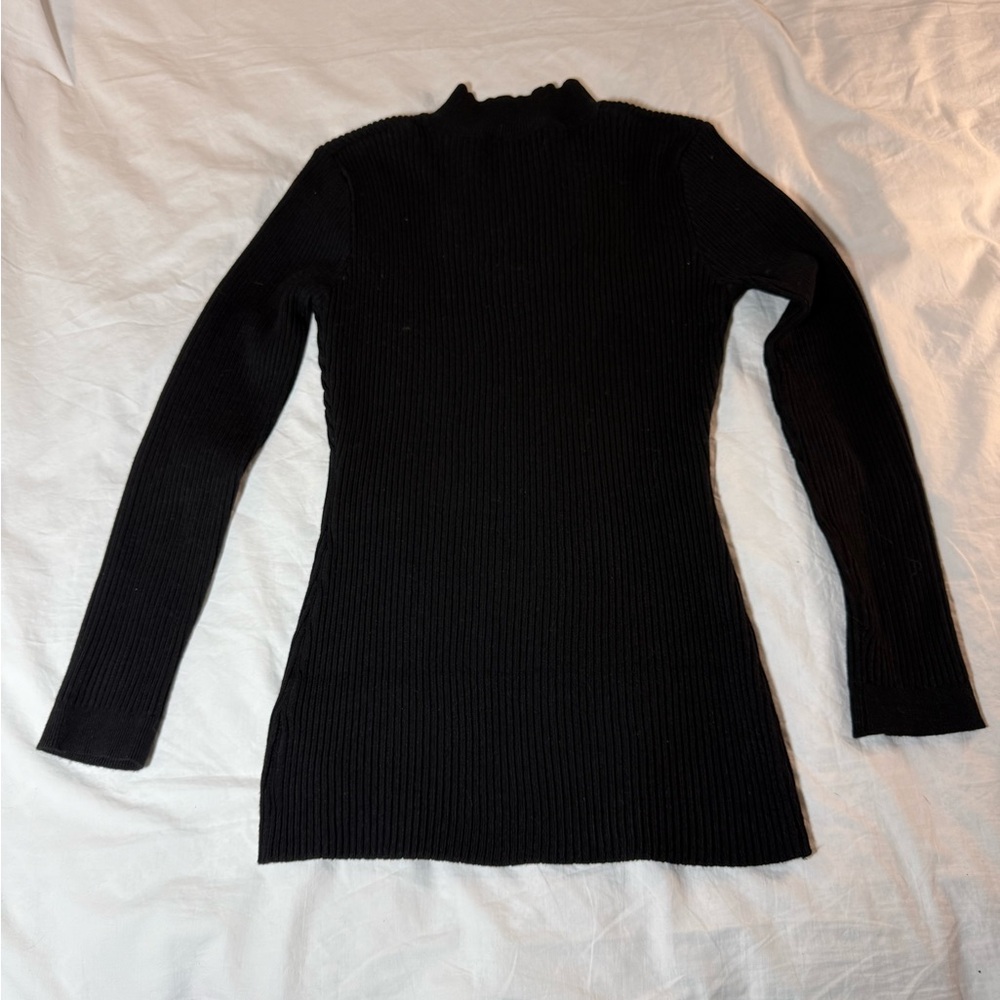 Black Ribbed Long Sweater with Rhinestone Embellishment - Picture 9 of 10